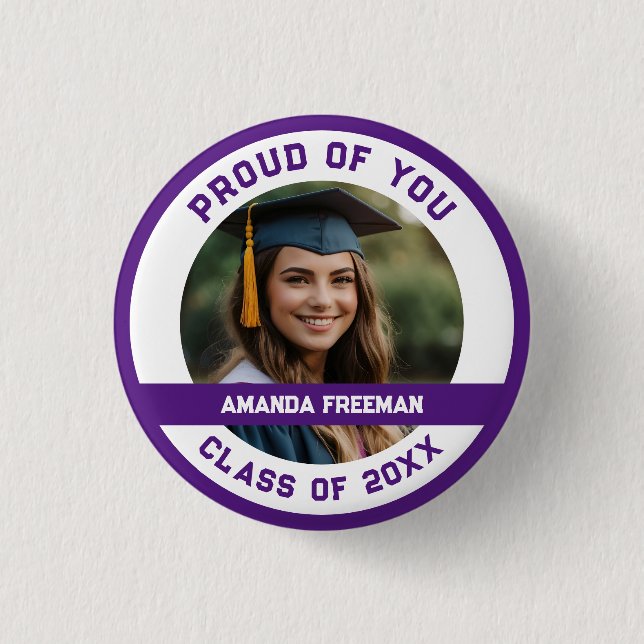 Modern Purple & White Photo Customized Graduation 1 Inch Round Button (Front)