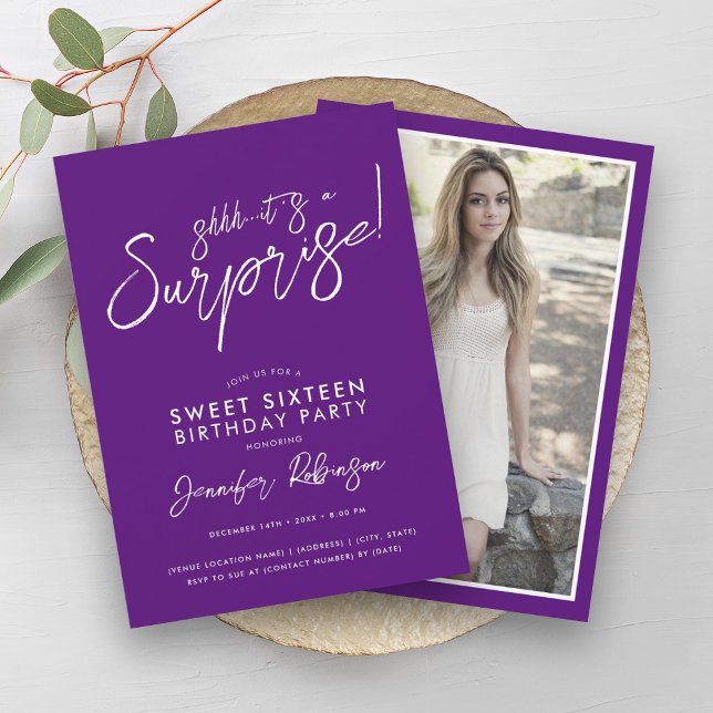 Modern Purple & White Photo Surprise Sweet 16 Invitation (Modern Purple & White Photo Surprise Sweet 16 Invitation)