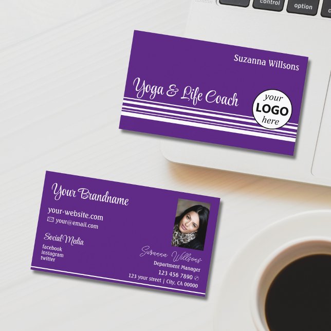 Modern Purple White Stripes with Logo and Photo Business Card (Creator Uploaded)