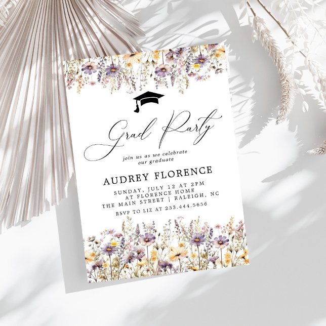 Modern Purple Wildflowers Floral Grad Party Invitation (Creator Uploaded)