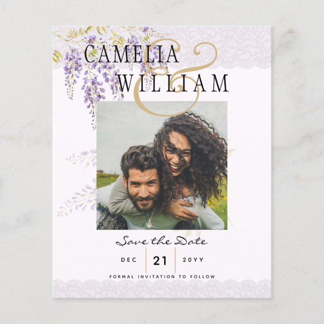 Modern Purple Wisteria PHOTO Wedding Save The Date Flyer (Front)