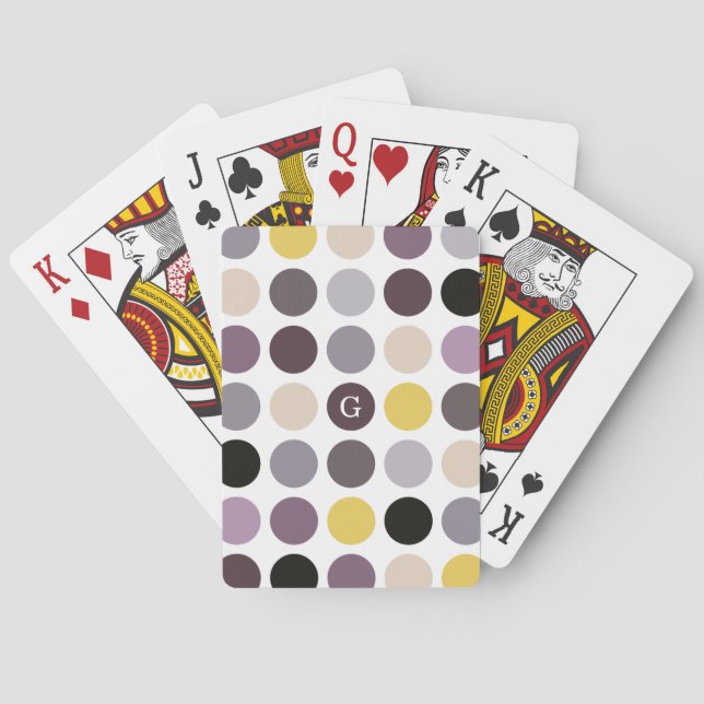 Modern purple yellow polka dots pattern monogram playing cards (Back)