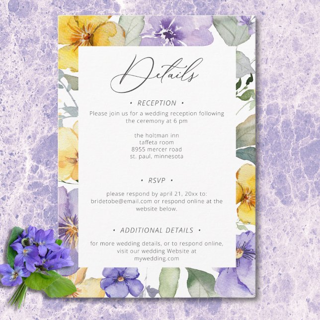 Modern Purple & Yellow Violets Floral Wedding Enclosure Card (Modern Purple & Yellow Violets Floral Wedding Enclosure Card)