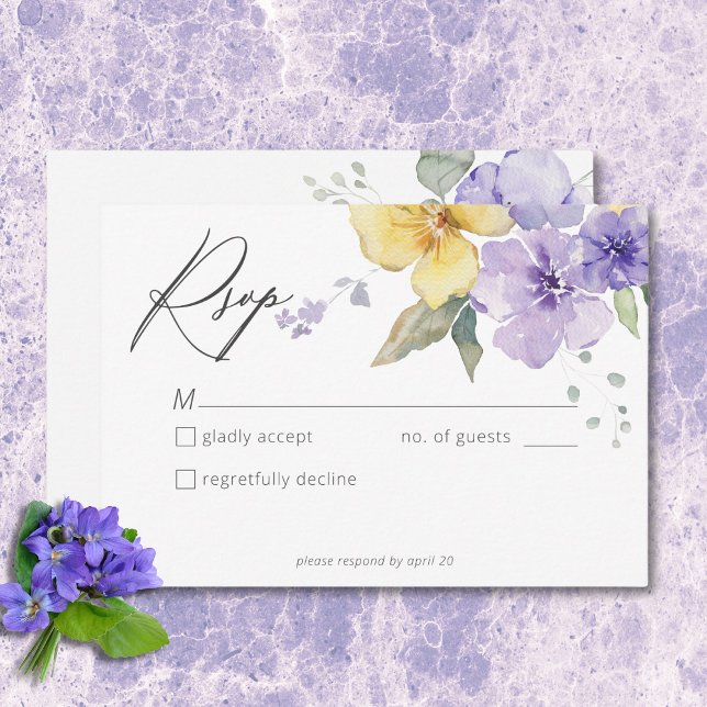 Modern Purple & Yellow Violets Floral Wedding RSVP Card (Modern Purple & Yellow Violets Floral Wedding RSVP Card)