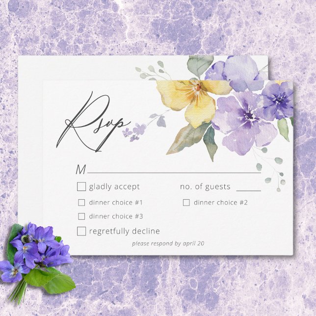 Modern Purple & Yellow Violets Floral Wedding RSVP Card (Modern Purple & Yellow Violets Floral Wedding RSVP Card)