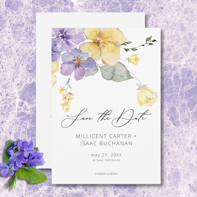 Modern Purple & Yellow Violets Floral Wedding Save The Date (Modern Purple & Yellow Violets Floral Wedding Save the Date)