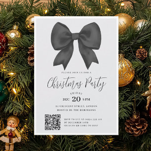 Modern QR Black Holiday Bow Christmas Party Invitation