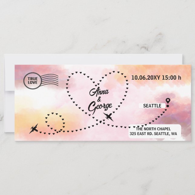 Modern QR Code Air Ticket Boarding Pass Wedding Invitation (Front)