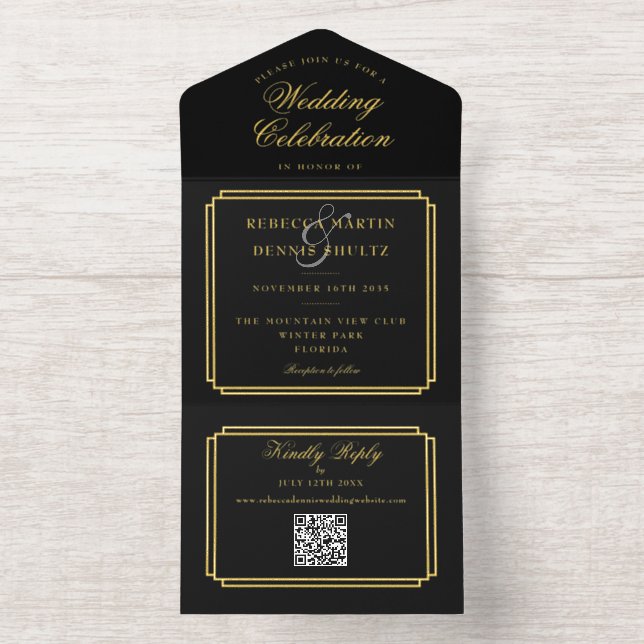 Modern QR Code Art Deco Monogram Wedding Foil All In One Invitation (Inside)