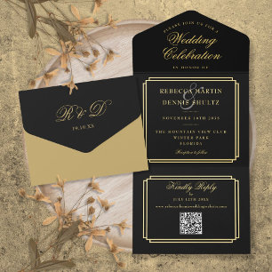 Modern QR Code Art Deco Monogram Wedding Foil All In One Invitation