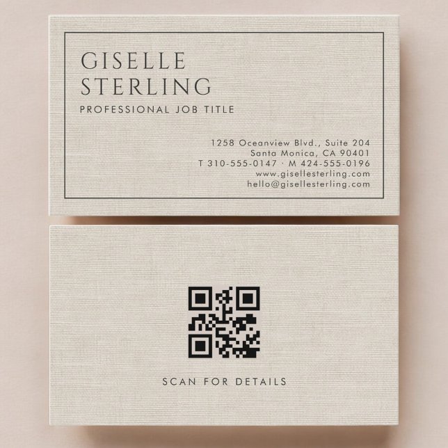 Modern QR Code Beige Linen Professional Luxury  Business Card (Creator Uploaded)