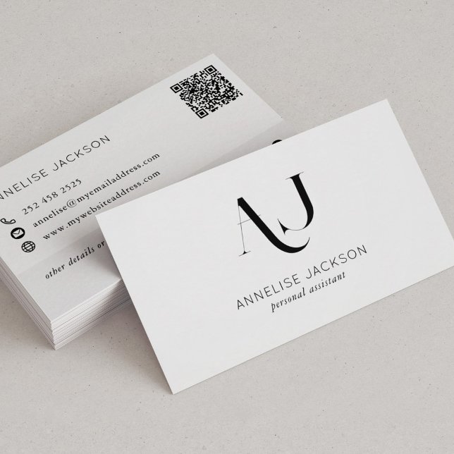 Modern QR CODE black and white monogrammed Business Card (Creator Uploaded)