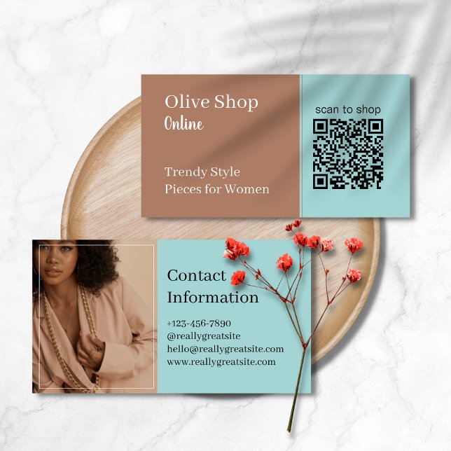 Modern  QR Code Blue and Muesli brown Simple Business Card (Creator Uploaded)