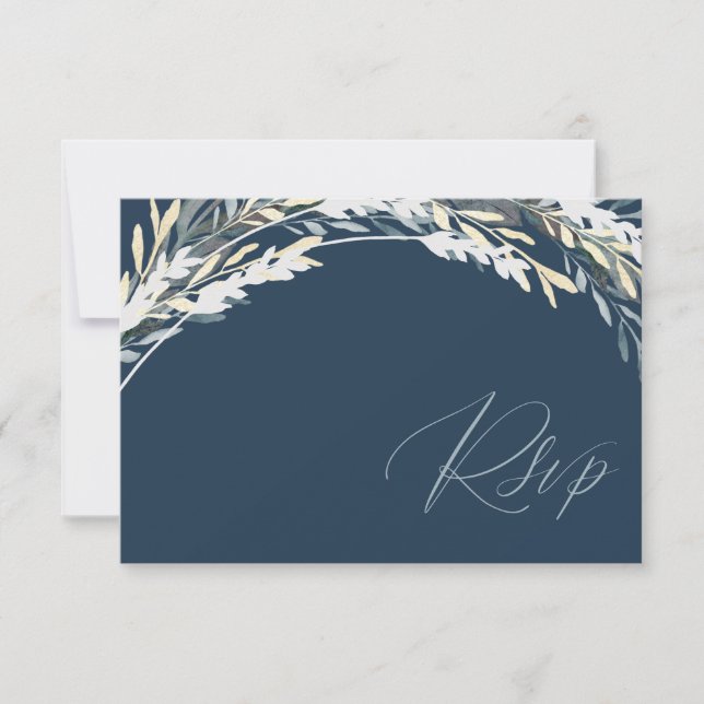 Modern QR Code Blue & Silver Foliage RSVP Wedding Card (Front)