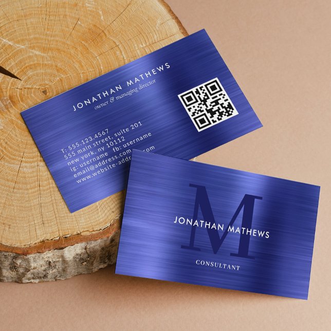 Modern QR Code Brushed Metallic Blue Monogram Business Card (Creator Uploaded)