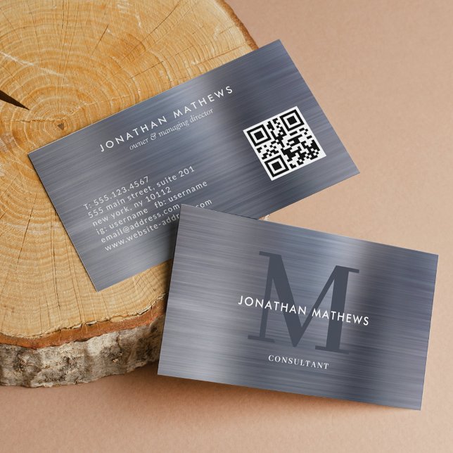 Modern QR Code Brushed Metallic Grey Monogram Business Card (Creator Uploaded)