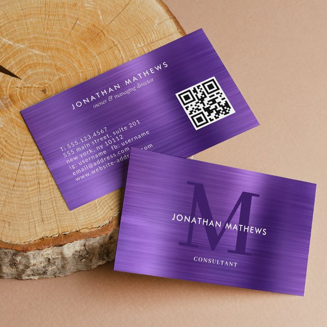 Modern QR Code Brushed Metallic Purple Monogram Business Card (Creator Uploaded)