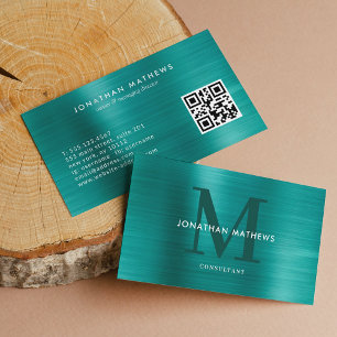 Modern QR Code Brushed Metallic Teal Monogram Business Card