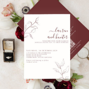 Modern QR Code Burgundy Script Botanical Wedding Invitation