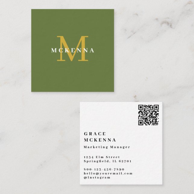 Modern QR Code Business Card Khaki Green (Front/Back)