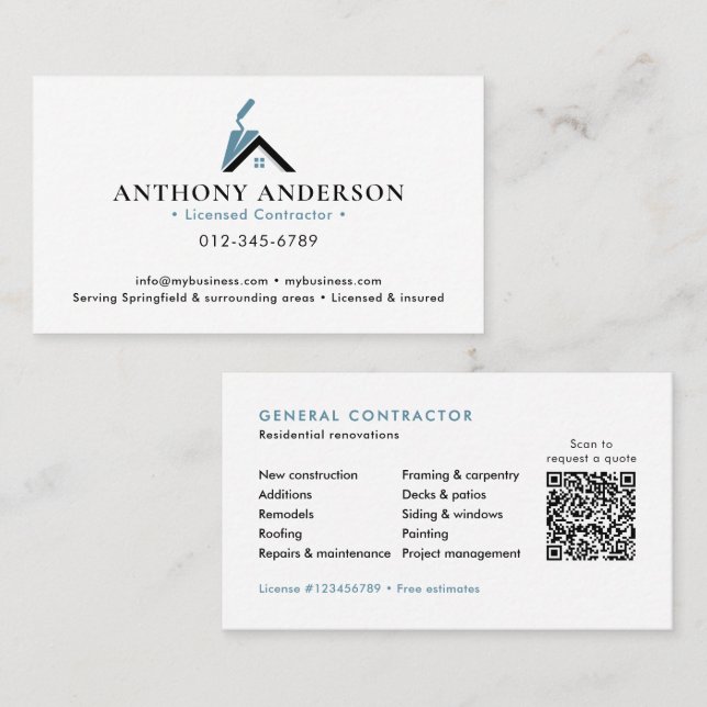 Modern QR Code Contractor/Construction Business Card (Front/Back)