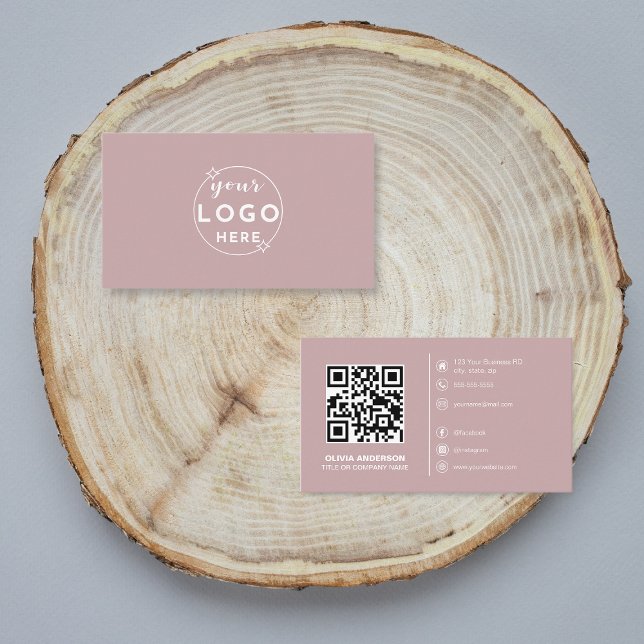 Modern QR Code Custom Logo Social Media Dusty Rose Business Card (Creator Uploaded)