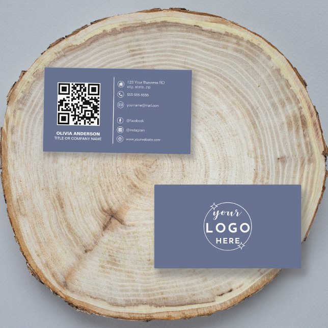 Modern QR Code Custom Logo/Social Media Icons Blue Business Card (Creator Uploaded)