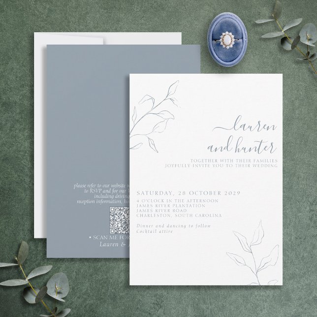 Modern QR Code Dusty Blue Script Botanical Wedding Invitation (Creator Uploaded)