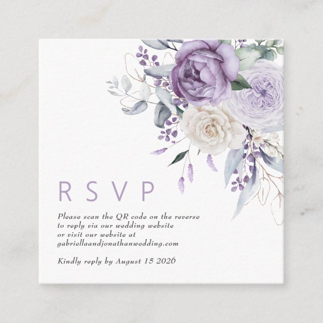 Modern QR Code Dusty Purple Floral Wedding RSVP Enclosure Card (Front)