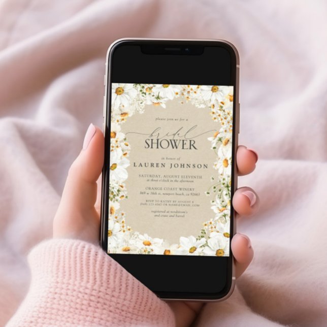 Modern QR Code Elegant Daisy Rustic Bridal Shower Invitation (Creator Uploaded)