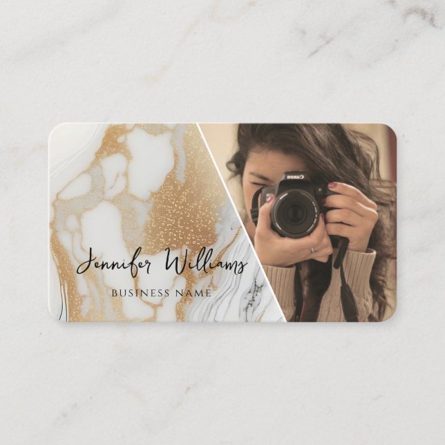 Modern QR Code Gold White Marble Photographer Business Card (Front)