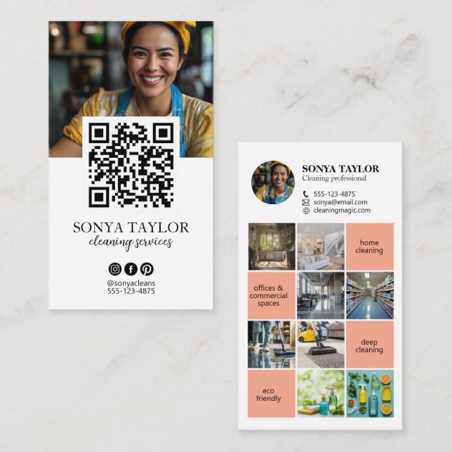 Modern QR Code Insta Photo Collage Cleaning  Business Card (Front/Back)