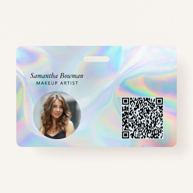Modern QR Code Makeup Artist Employee Holographic Badge (Front)