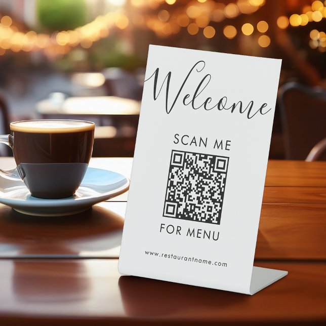 Modern QR Code Menu Black and White Scan Me Cafe Pedestal Sign (Creator Uploaded)