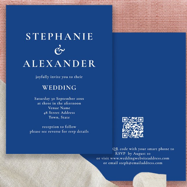 Modern QR Code Mid Blue Wedding Invitation (Front and back view)