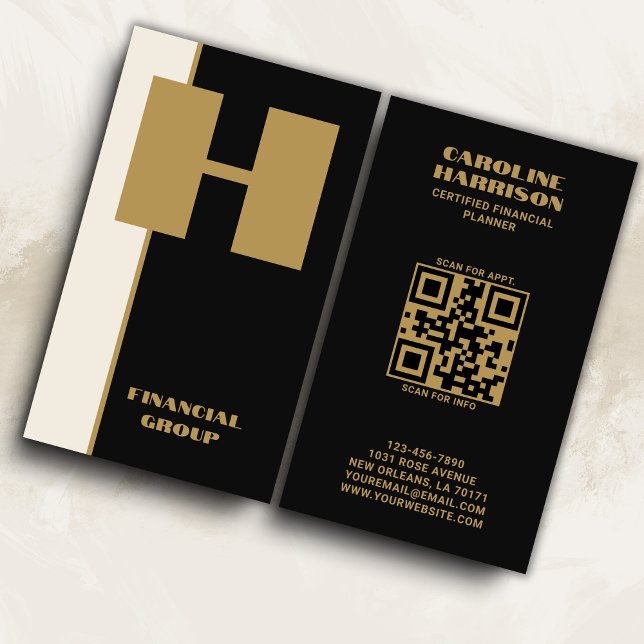Modern QR Code Minimal Black Monogram Vertical  Business Card (Fully customizable to fit your business branding.)