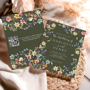 Modern QR Code Olive Rustic Wildflower Wedding Invitation