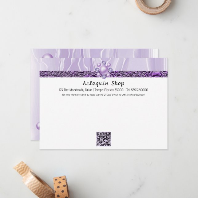 Modern QR Code Purple Silk Foil Business Store Card (Front/Back In Situ)