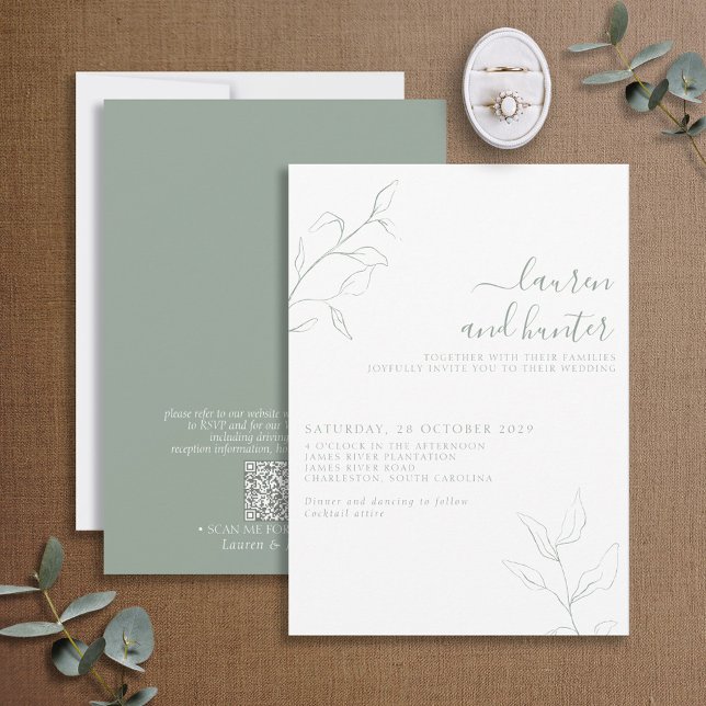 Modern QR Code Sage Green Script Botanical Wedding Invitation (Creator Uploaded)