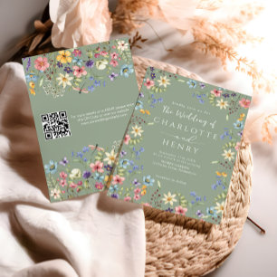 Modern QR Code Sage Green Wildflower Wedding Invitation