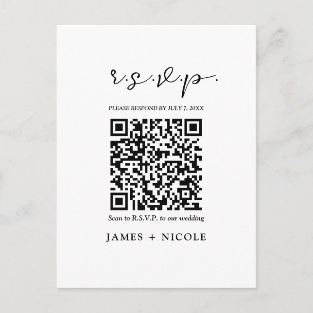 Modern QR Code Scannable Wedding R.S.V.P. Reply  Postcard (Front)