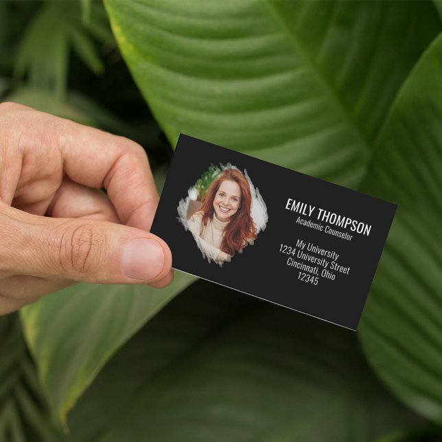 Modern QR Code Social Media Professional Photo Business Card (Simple minimalist black and white business card with QR code and watercolor photo effect. )