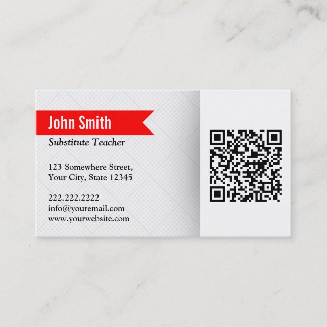 Modern QR Code Substitute Teacher Business Card (Front)