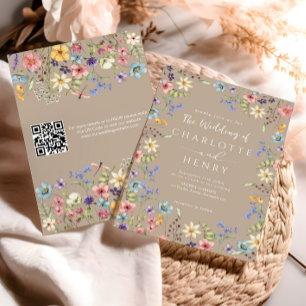  Modern QR Code Taupe Rustic Wildflower Wedding  Invitation