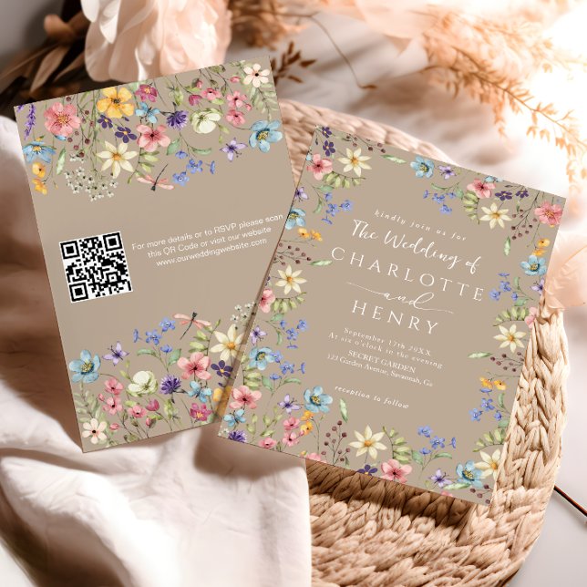  Modern QR Code Taupe Rustic Wildflower Wedding  Invitation (Creator Uploaded)