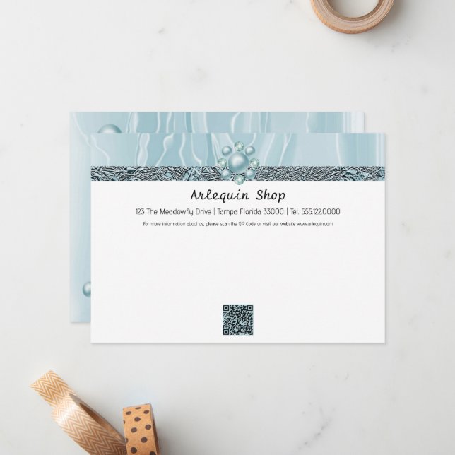 Modern QR Code Teal Silk Foil Business Store Card (Front/Back In Situ)