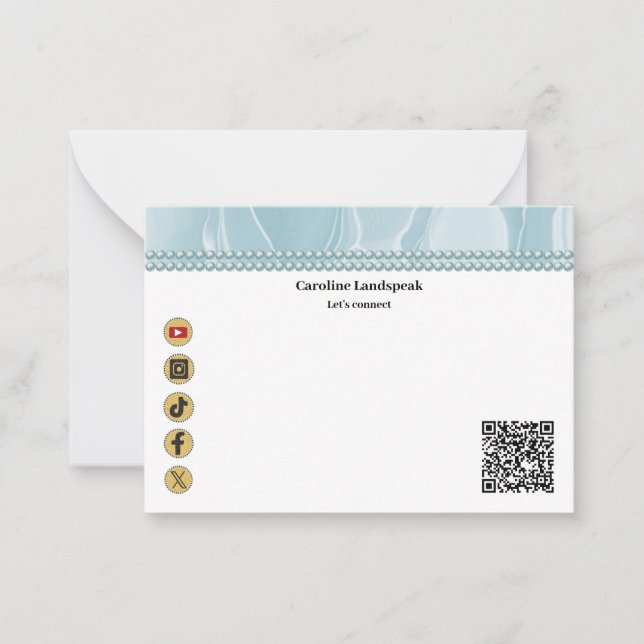 Modern QR Code Teal Silk Pearls Social Media Card (Front)