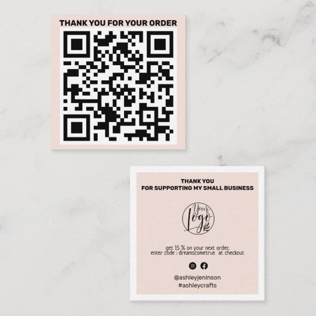 Modern QR code thank you order blush pink Square Business Card (Front/Back)