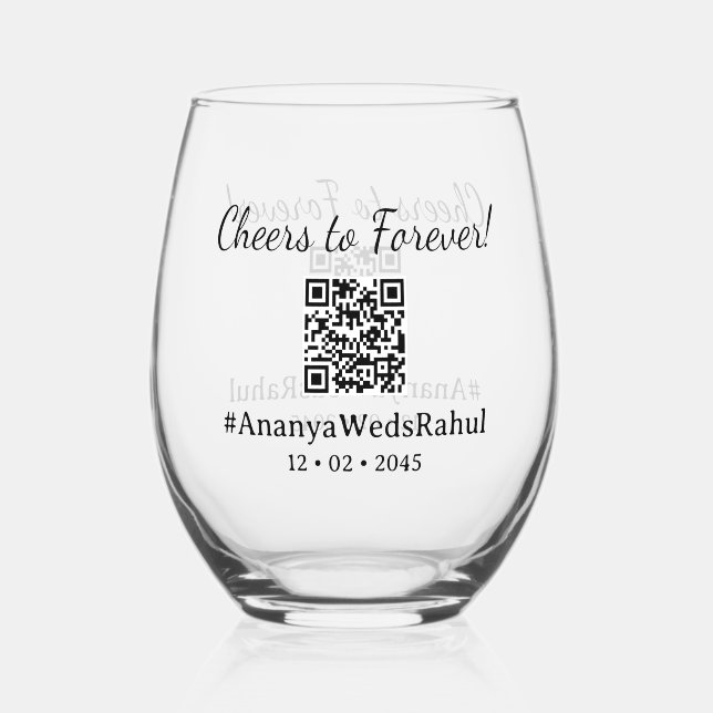 Modern QR Code Wedding Favor Stemless Wine Glass (Front)
