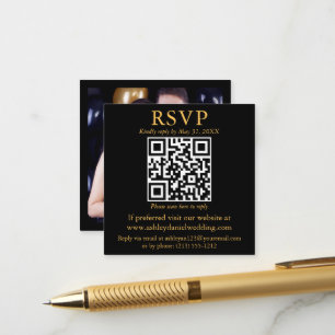 Modern QR Photo Black Gold Square Wedding RSVP Enclosure Card